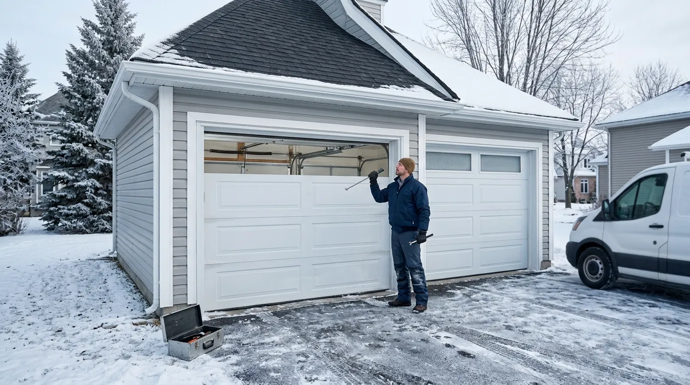 Garage door detail illustrating a spring breaking in cold weather isn't bad luck