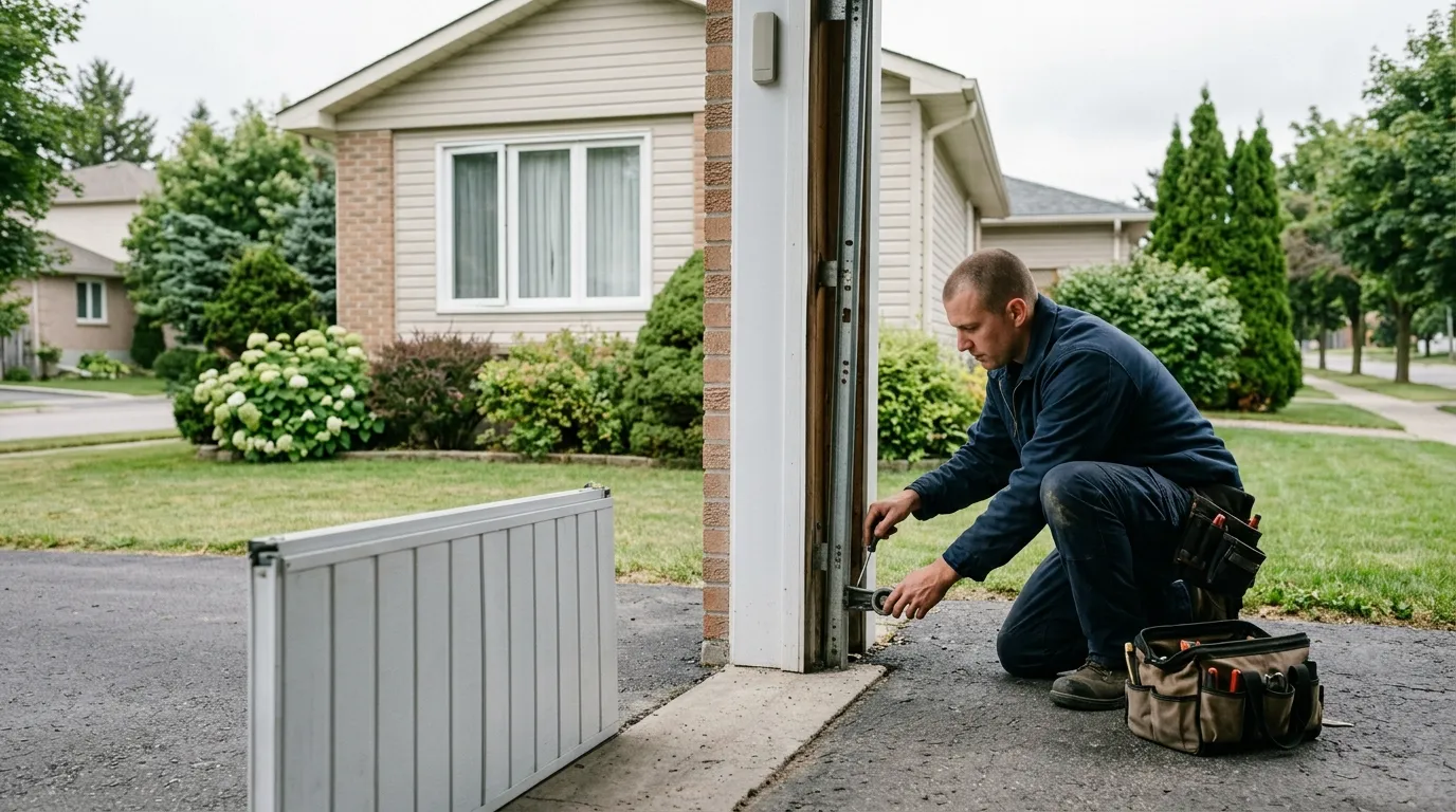 Garage door technician repairing a residential garage door in Blue Springs Missouri