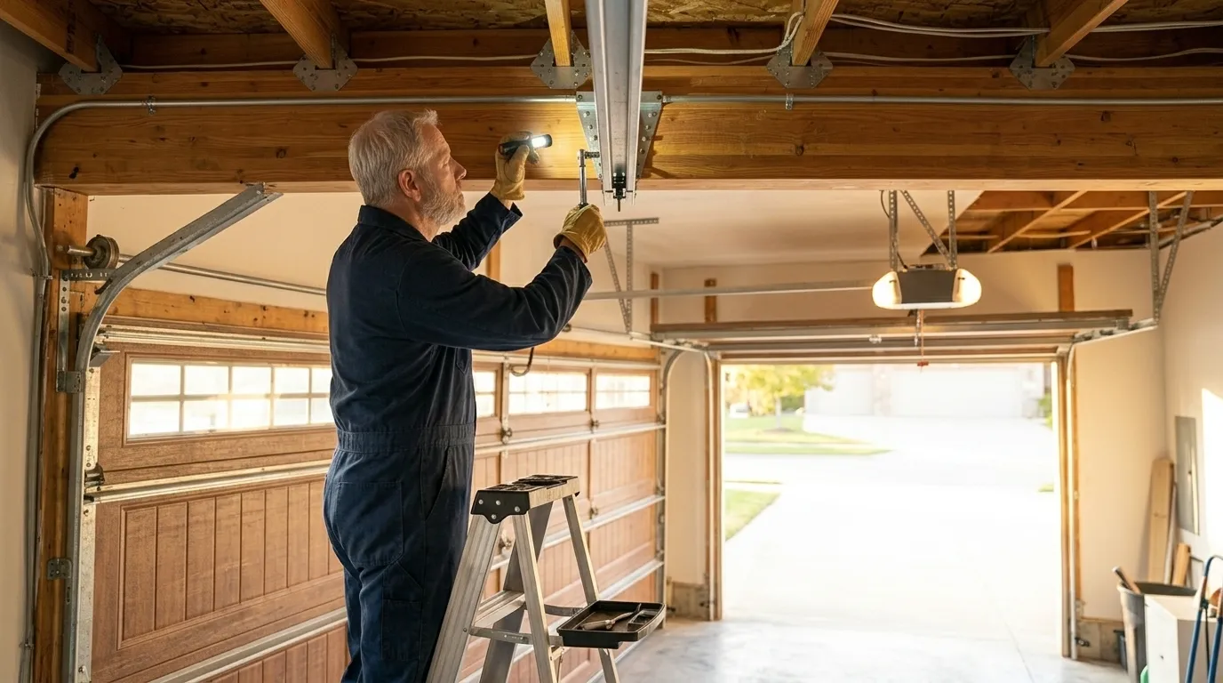 Garage door technician inspecting springs rollers tracks and opener in Blue Springs Missouri